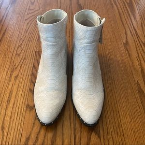 White faux snakeskin booties